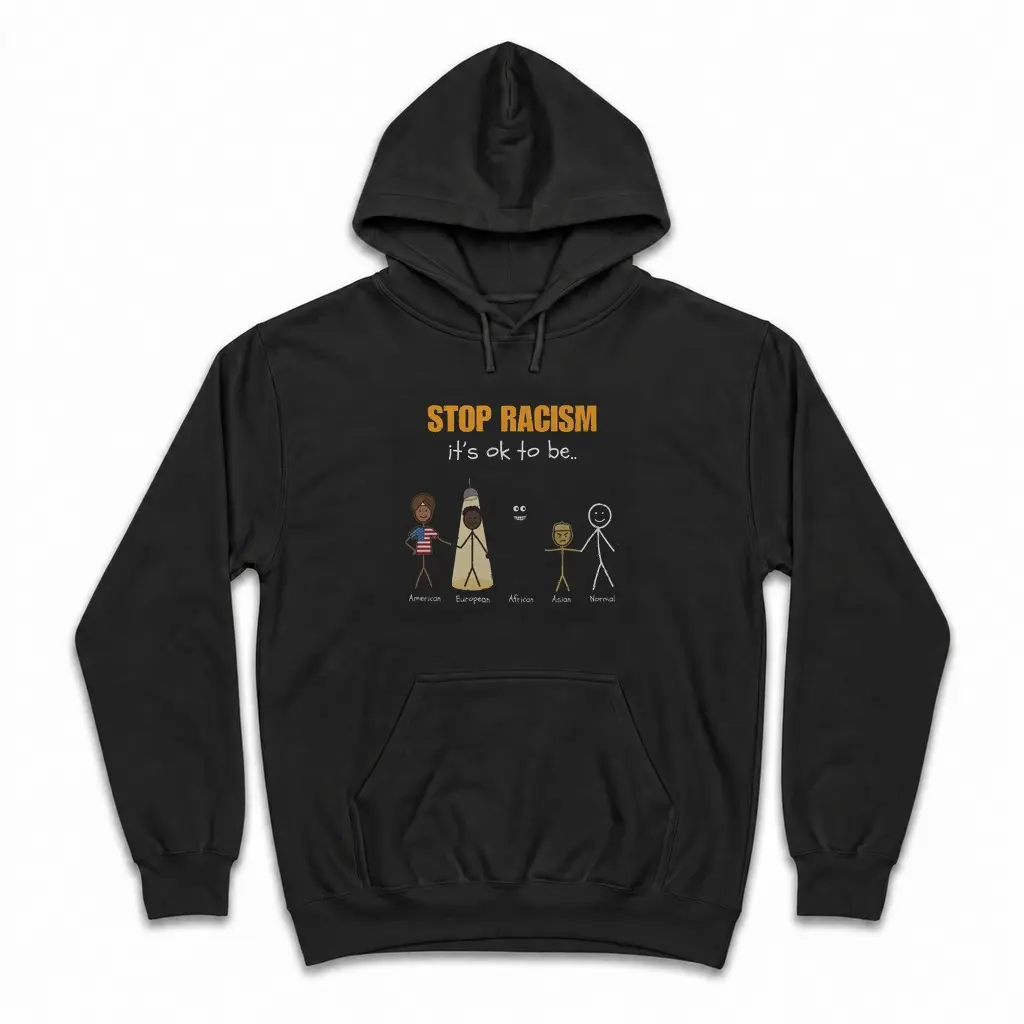 Stop Racism It's Ok To Be Stick Figure Satire Funny Black T-Shirt 2 Cozy pullover hoodie displaying black tee front print reading STOP RACISM ITS OK TO BE with cartoon stick figures and bold lettering