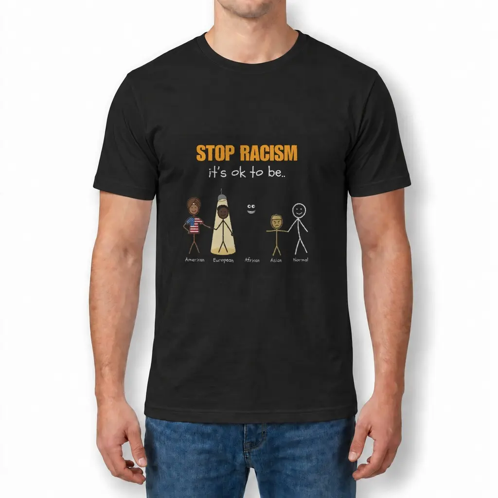 Stop Racism It's Ok To Be Stick Figure Satire Funny Black T-Shirt 4 Man wearing black graphic tee with black tee front print reading STOP RACISM ITS OK TO BE with cartoon stick figures and bold lettering