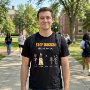 Stop Racism It's Ok To Be Stick Figure Satire Funny Black T-Shirt 10 Everyday streetwear outfit styling black shirt with black tee front print reading STOP RACISM ITS OK TO BE with cartoon stick figures and bold lettering