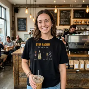 Stop Racism It's Ok To Be Stick Figure Satire Funny Black T-Shirt 11 Close-up casual look showcasing black tee and black tee front print reading STOP RACISM ITS OK TO BE with cartoon stick figures and bold lettering