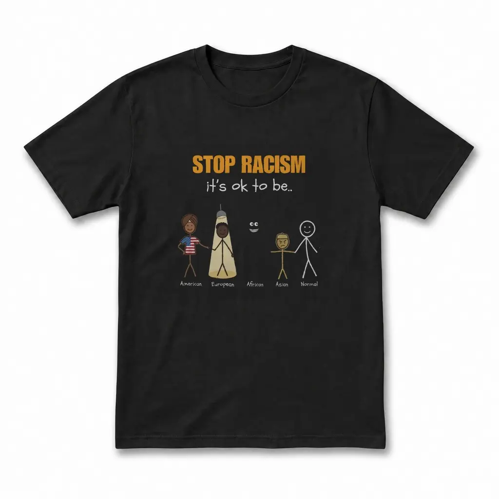 Stop Racism It's Ok To Be Stick Figure Satire Funny Black T-Shirt 1 Flatlay black t-shirt featuring black tee front print reading STOP RACISM ITS OK TO BE with cartoon stick figures and bold lettering