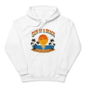 Sun Of A Beach Retro Sunset Island Palm Trees Pun T-Shirt 7 Cozy pullover hoodie displaying white tee front print reading SUN OF A BEACH in retro arch text over a tropical sunset island