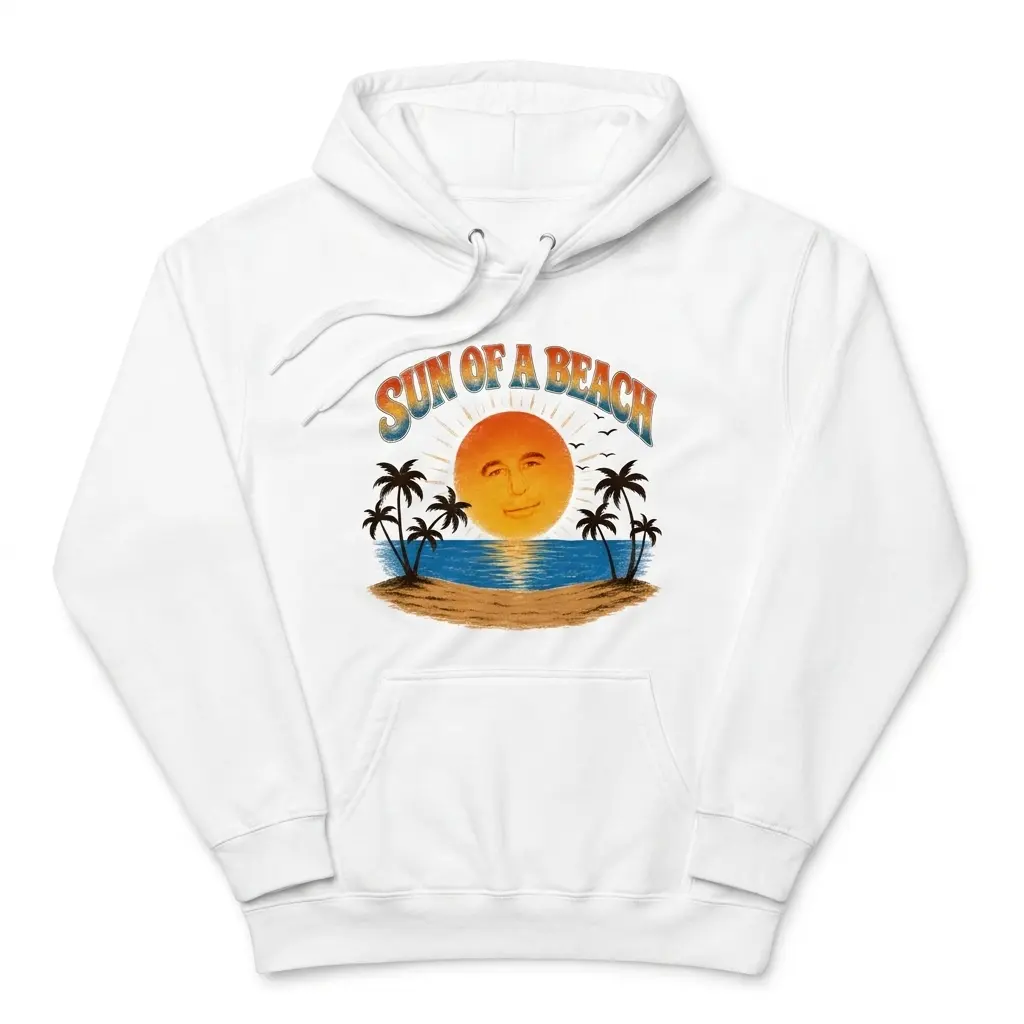 Sun Of A Beach Retro Sunset Island Palm Trees Pun T-Shirt 2 Cozy pullover hoodie displaying white tee front print reading SUN OF A BEACH in retro arch text over a tropical sunset island