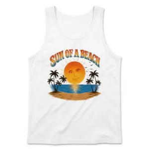 Sun Of A Beach Retro Sunset Island Palm Trees Pun T-Shirt 8 Sleeveless casual tank top with white tee front print reading SUN OF A BEACH in retro arch text over a tropical sunset island