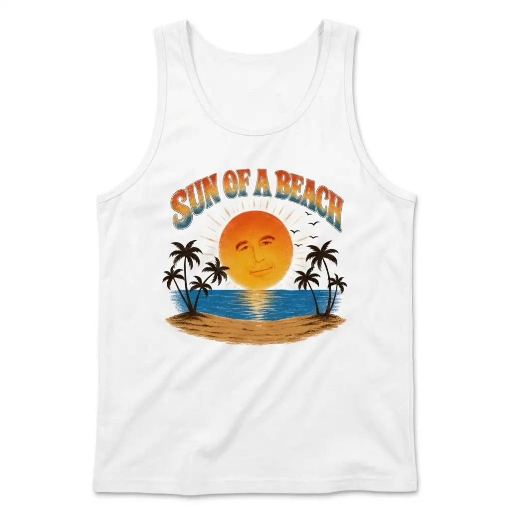 Sun Of A Beach Retro Sunset Island Palm Trees Pun T-Shirt 3 Sleeveless casual tank top with white tee front print reading SUN OF A BEACH in retro arch text over a tropical sunset island