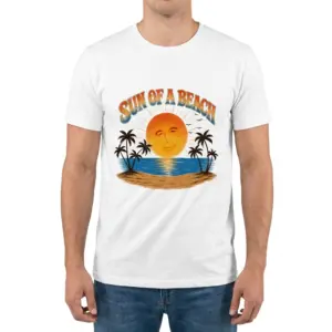 Sun Of A Beach Retro Sunset Island Palm Trees Pun T-Shirt 9 Man wearing white graphic tee with white tee front print reading SUN OF A BEACH in retro arch text over a tropical sunset island