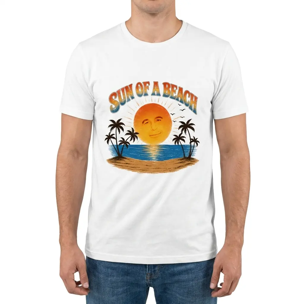 Sun Of A Beach Retro Sunset Island Palm Trees Pun T-Shirt 4 Man wearing white graphic tee with white tee front print reading SUN OF A BEACH in retro arch text over a tropical sunset island