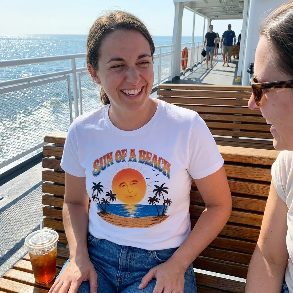 Sun Of A Beach Retro Sunset Island Palm Trees Pun T-Shirt 5 Everyday streetwear outfit styling white shirt with white tee front print reading SUN OF A BEACH in retro arch text over a tropical sunset island