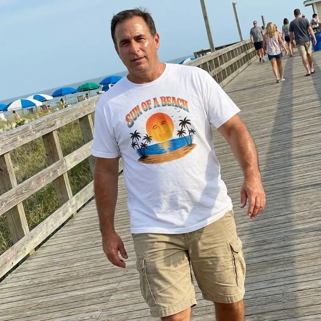 Sun Of A Beach Retro Sunset Island Palm Trees Pun T-Shirt 6 Close-up casual look showcasing white tee and white tee front print reading SUN OF A BEACH in retro arch text over a tropical sunset island