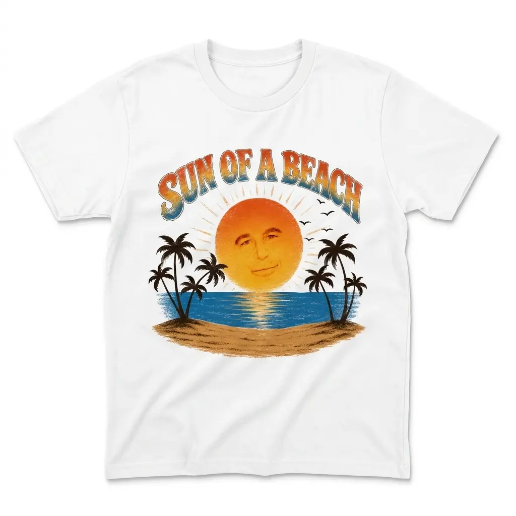 Sun Of A Beach Retro Sunset Island Palm Trees Pun T-Shirt 1 Flatlay white t-shirt featuring white tee front print reading SUN OF A BEACH in retro arch text over a tropical sunset island