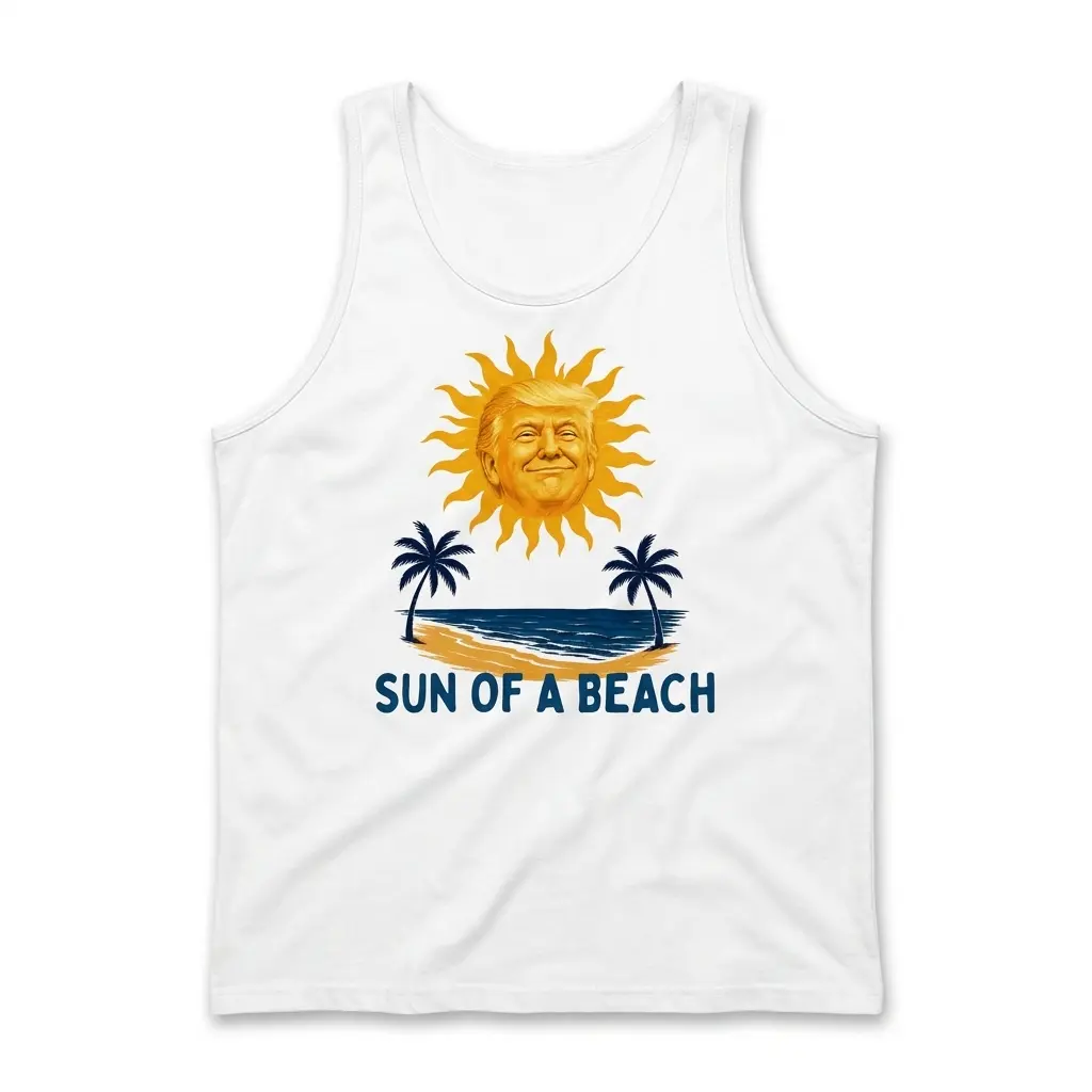 Sun Of A Beach Smiling Trump Sun Tropical Pun White T-Shirt 3 Sleeveless casual tank top with white tee front print reading SUN OF A BEACH below a golden caricature sun and palm trees