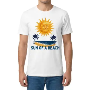 Sun Of A Beach Smiling Trump Sun Tropical Pun White T-Shirt 9 Man wearing white graphic tee with white tee front print reading SUN OF A BEACH below a golden caricature sun and palm trees