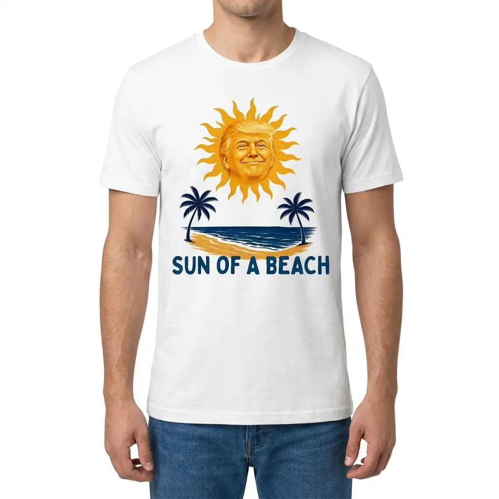 Sun Of A Beach Smiling Trump Sun Tropical Pun White T-Shirt 4 Man wearing white graphic tee with white tee front print reading SUN OF A BEACH below a golden caricature sun and palm trees