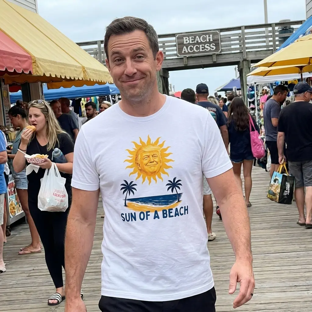 Sun Of A Beach Smiling Trump Sun Tropical Pun White T-Shirt 5 Everyday streetwear outfit styling white shirt with white tee front print reading SUN OF A BEACH below a golden caricature sun and palm trees