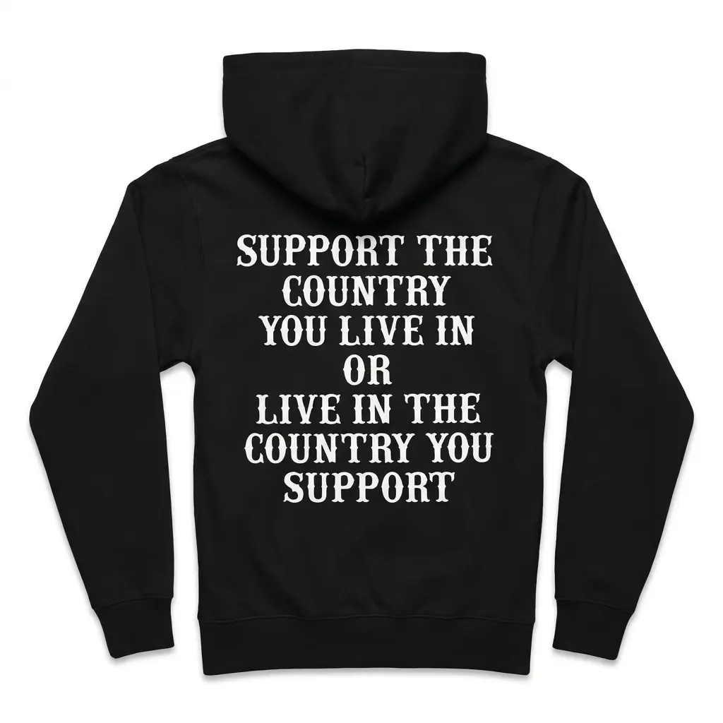 Black pullover hoodie back flatlay featuring the Support The Country You Live In Or Live In The Country You Support quote