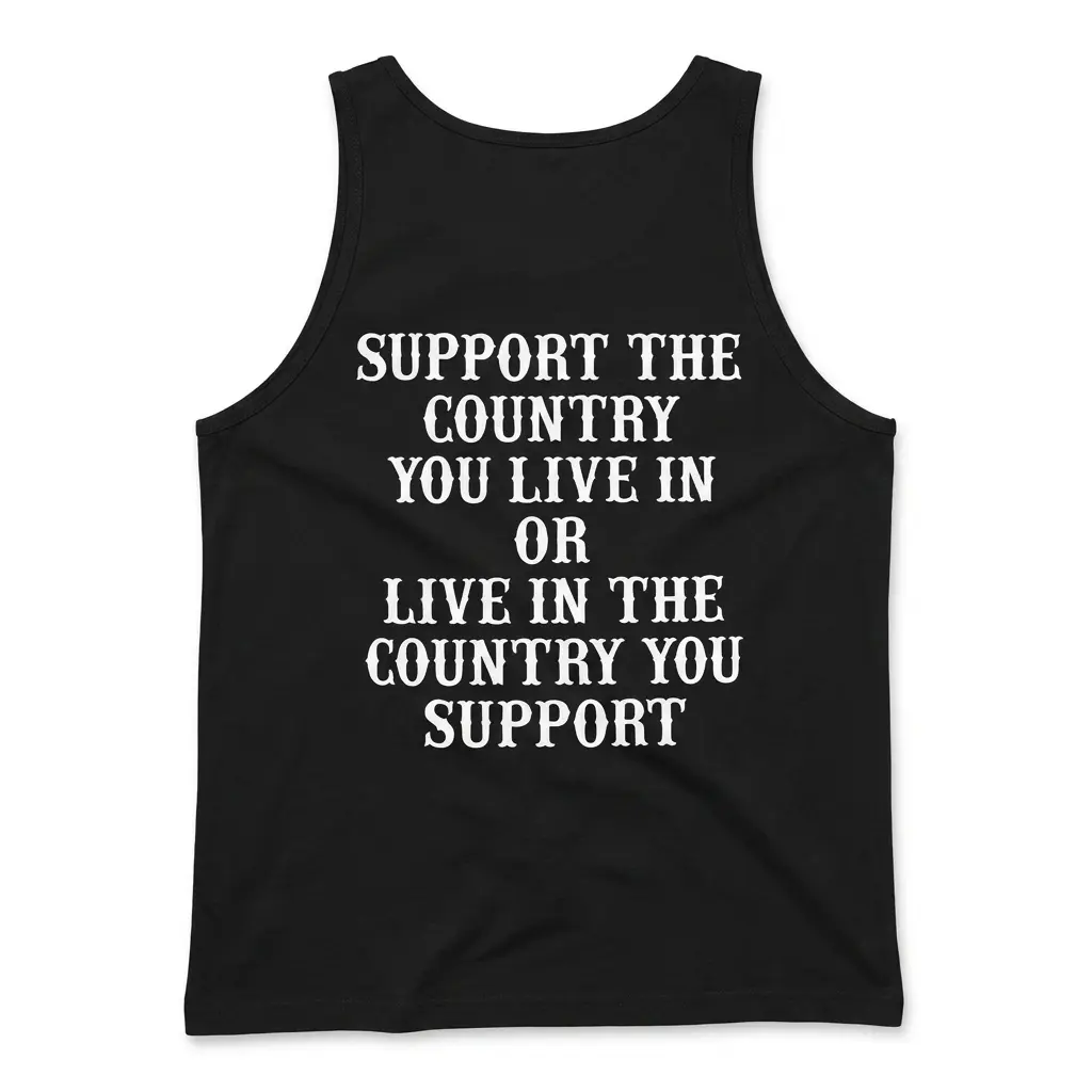 Black sweatshirt back flatlay printed with the white Support The Country You Live In civic slogan