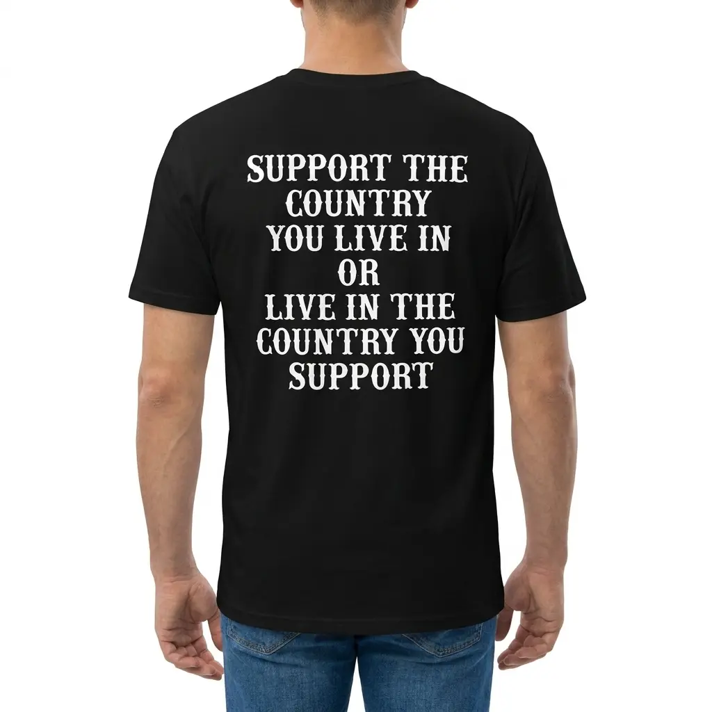 Rear view of a man wearing the black Support The Country You Live In Patriotic Slogan T-Shirt