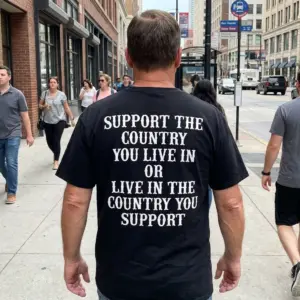 Support The Country You Live In Patriotic Slogan T-Shirt 10 Candid outdoor rear shot of a man wearing the black Support The Country You Live In Patriotic Slogan T-Shirt