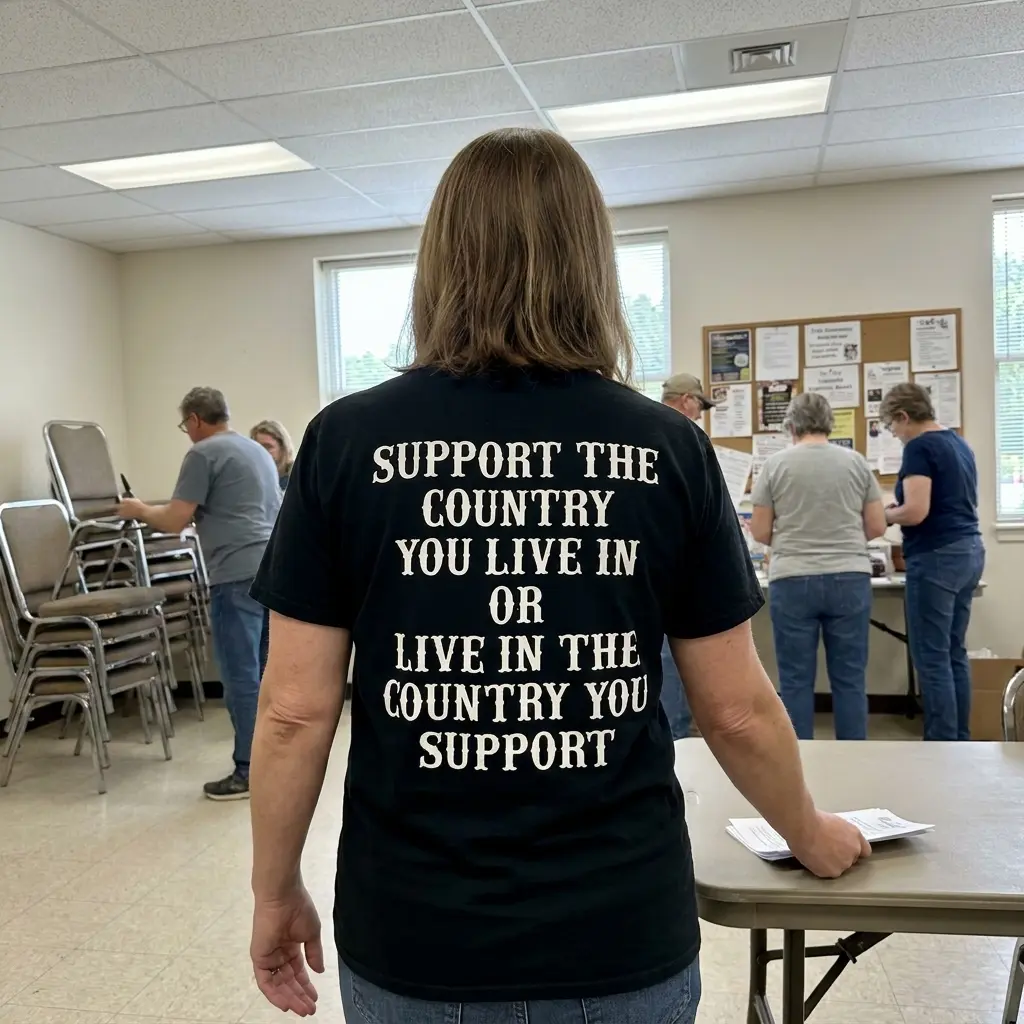 Everyday street photo showing the back print of the black Support The Country You Live In statement shirt