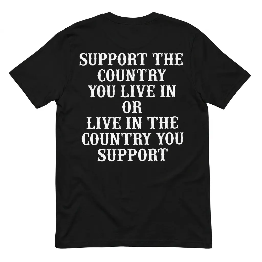 Support The Country You Live In Patriotic Slogan T-Shirt back flatlay on a black tee with white serif lettering