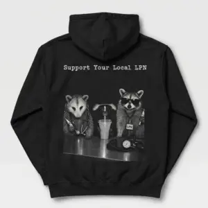 Support Your Local LPN Raccoon Nurse T-Shirt 7 Black T-shirt back print featuring three raccoons with nursing tools and an LPN badge.