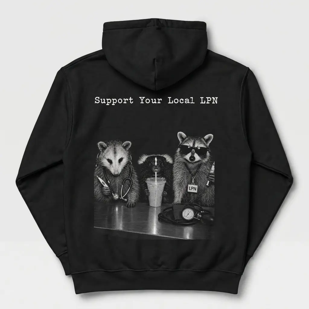 Black T-shirt back print featuring three raccoons with nursing tools and an LPN badge.