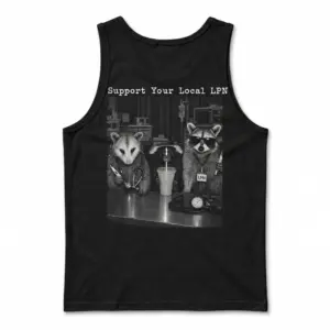 Support Your Local LPN Raccoon Nurse T-Shirt 8 Rear view of a black tee printed with Support Your Local LPN above raccoons in a medical room.