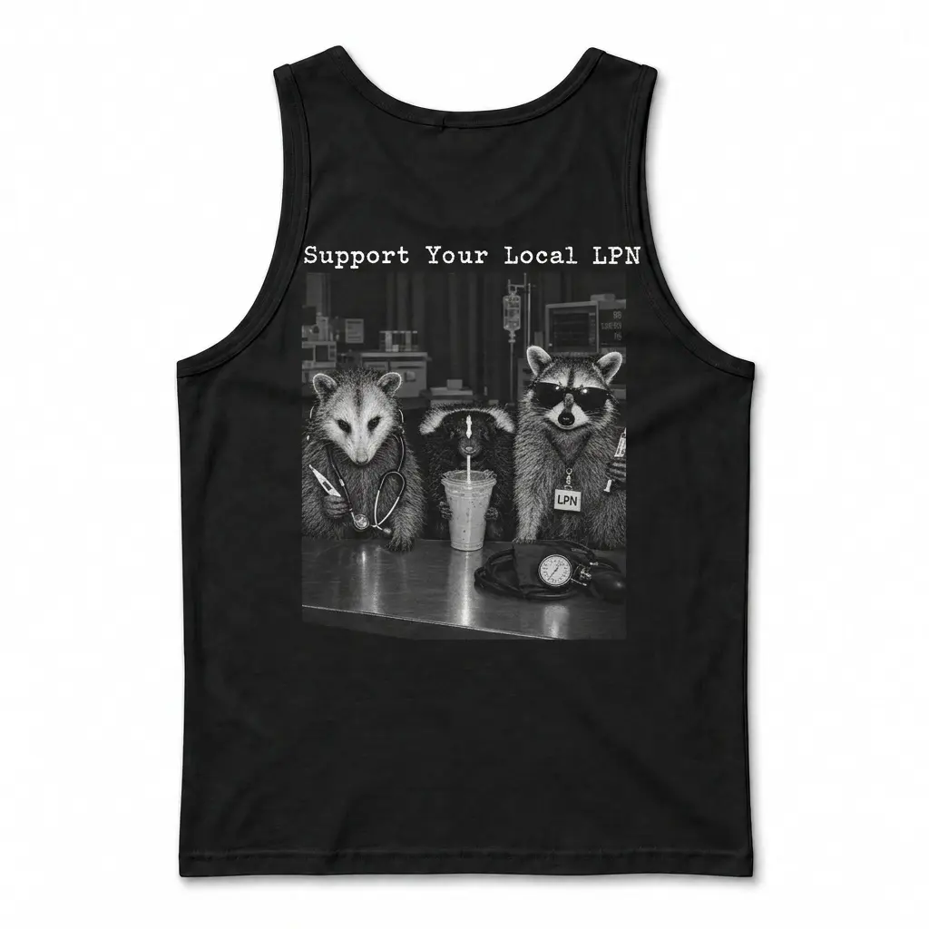 Rear view of a black tee printed with Support Your Local LPN above raccoons in a medical room.