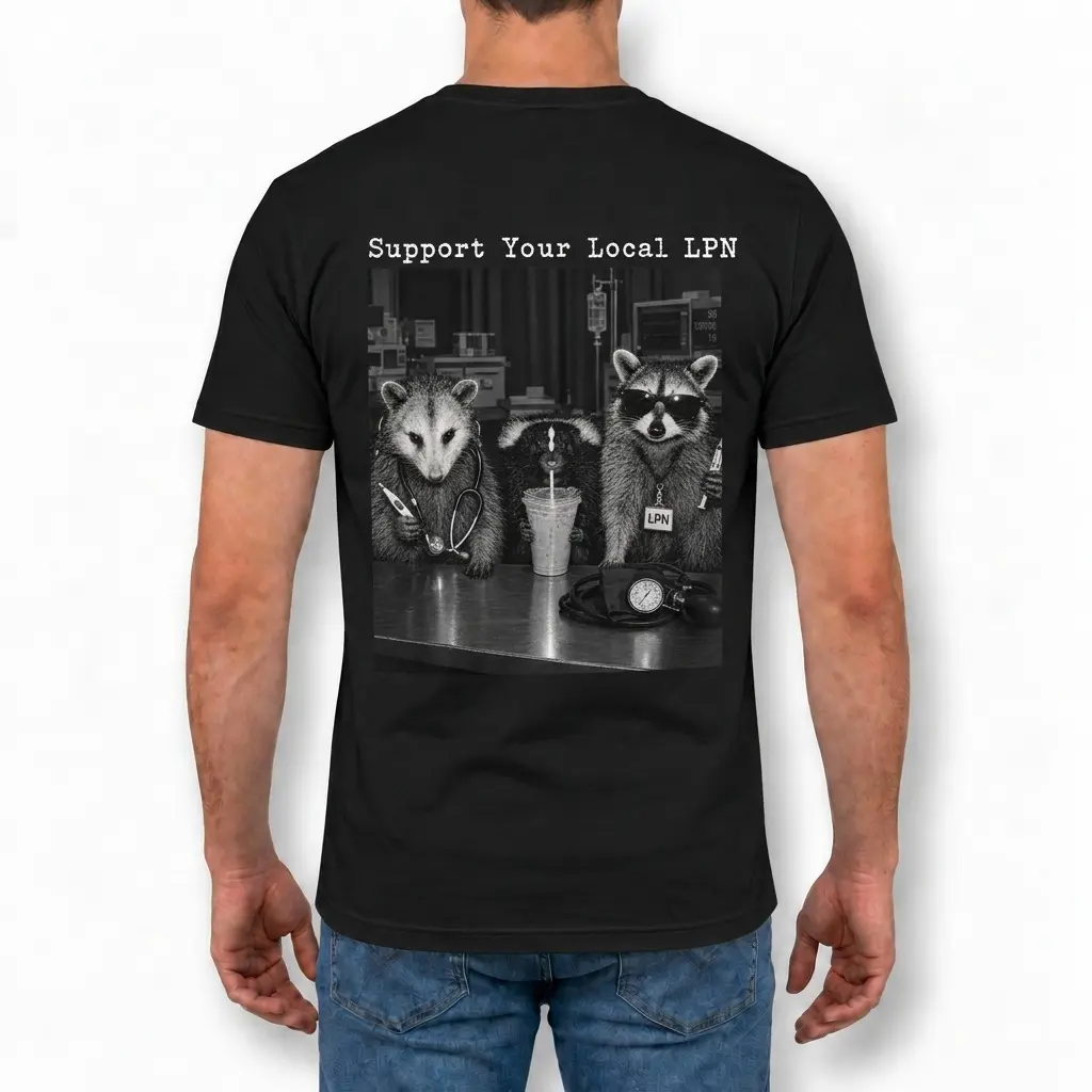 Black Support Your Local LPN shirt showing raccoons, a stethoscope, and medical equipment on the back.