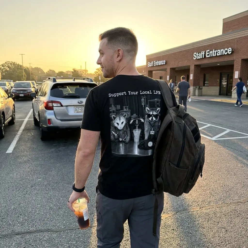 Black T-shirt back featuring raccoon nurses beneath the words Support Your Local LPN.