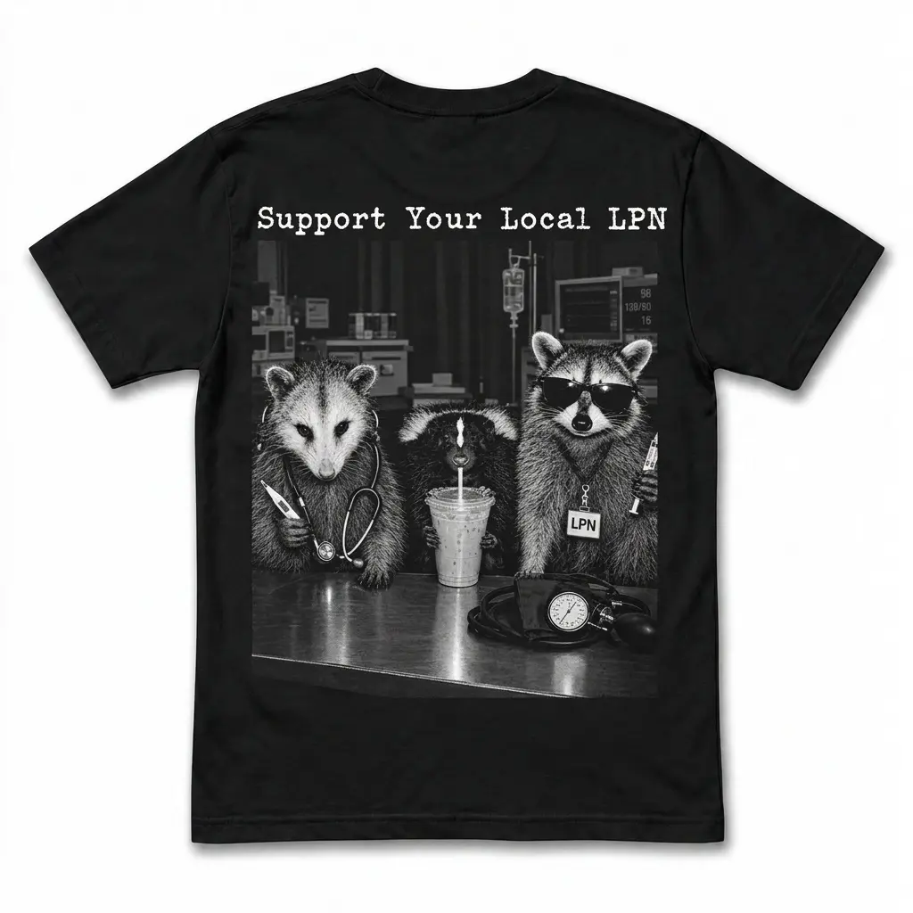 Back view of a black Support Your Local LPN T-shirt with a monochrome scene of raccoon nurses.