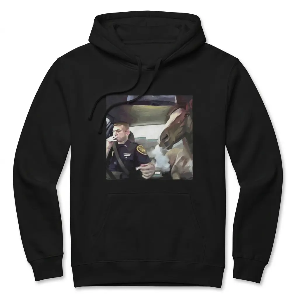 Surreal Officer and Smoking Horse Car Painting T-Shirt 2 Cozy pullover hoodie displaying black tee front print with a surreal oil painting of an officer and a horse smoking inside a car