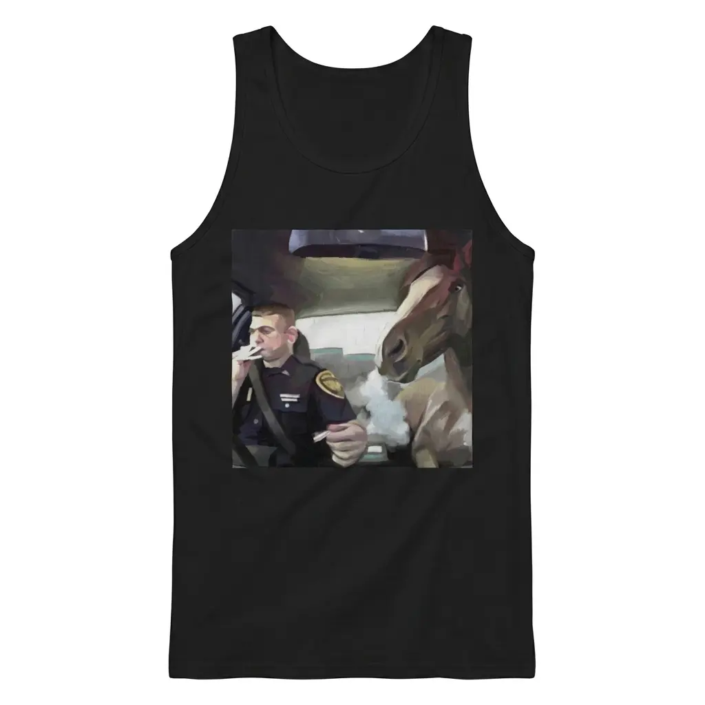 Surreal Officer and Smoking Horse Car Painting T-Shirt 3 Sleeveless casual tank top with black tee front print with a surreal oil painting of an officer and a horse smoking inside a car