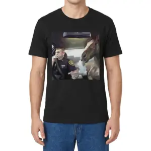 Surreal Officer and Smoking Horse Car Painting T-Shirt 9 Man wearing black graphic tee with black tee front print with a surreal oil painting of an officer and a horse smoking inside a car