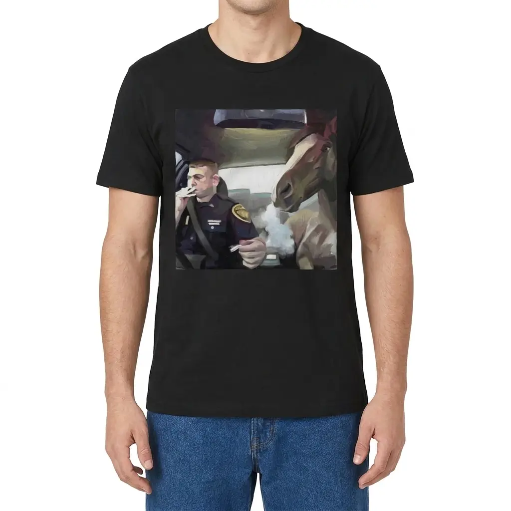 Surreal Officer and Smoking Horse Car Painting T-Shirt 4 Man wearing black graphic tee with black tee front print with a surreal oil painting of an officer and a horse smoking inside a car