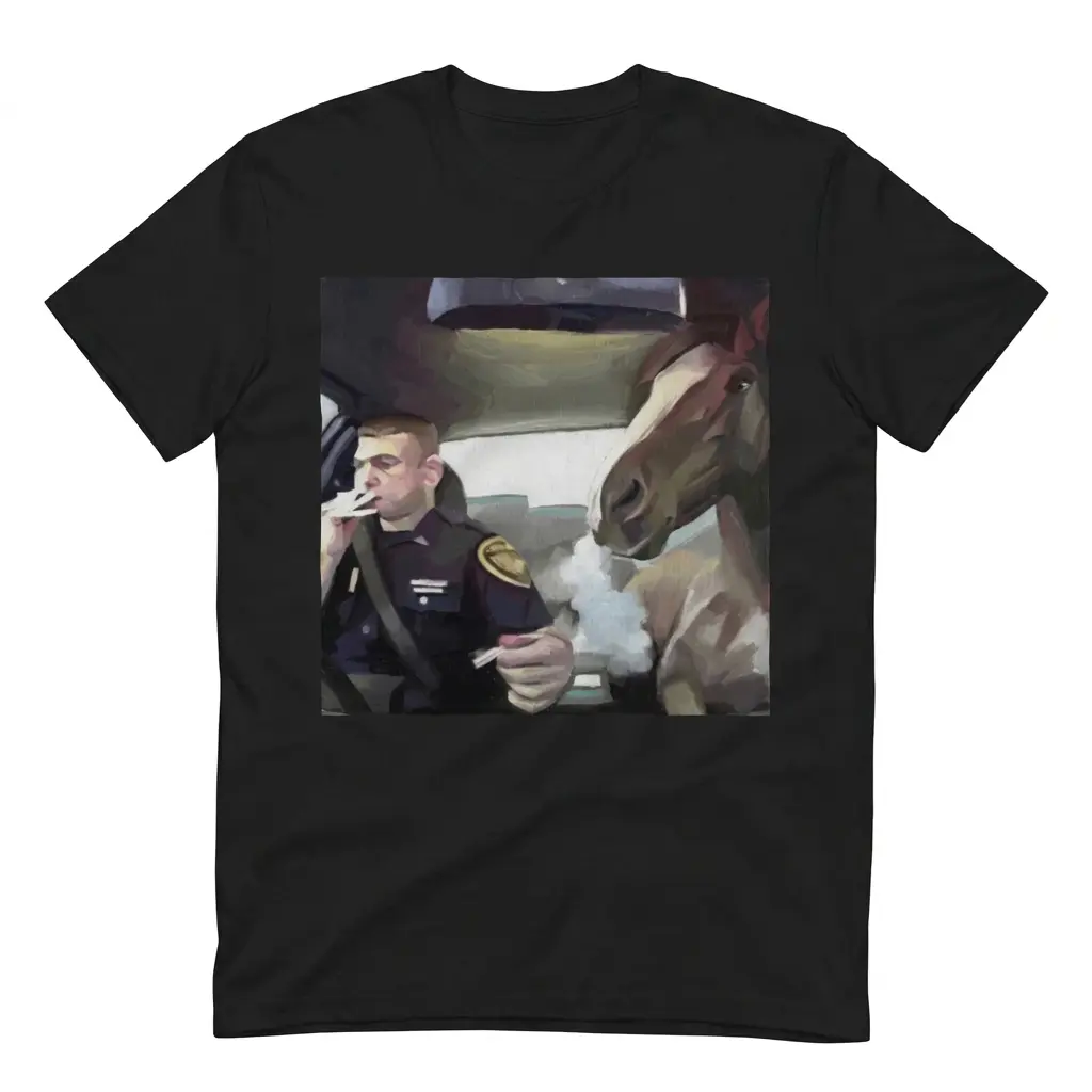 Surreal Officer and Smoking Horse Car Painting T-Shirt 1 Flatlay black t-shirt featuring black tee front print with a surreal oil painting of an officer and a horse smoking inside a car