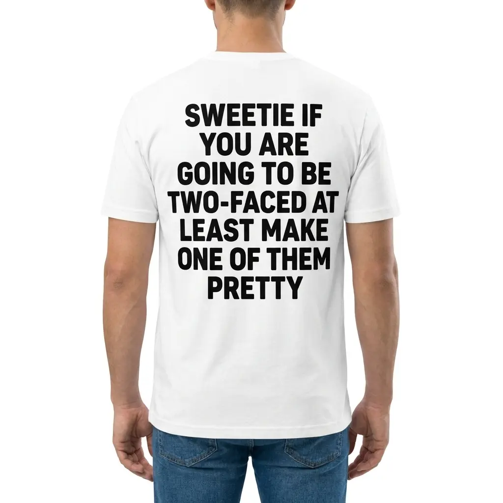Back view of a male model wearing the shirt featuring the sarcastic two-faced quote in bold black typography.