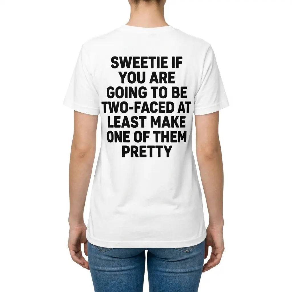 Back view of a female model wearing the graphic shirt printed with the humorous two-faced text design.