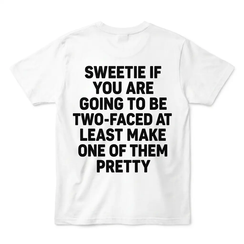 Back flat lay of a white t-shirt reading Sweetie If You Are Going To Be Two-Faced At Least Make One Of Them Pretty.