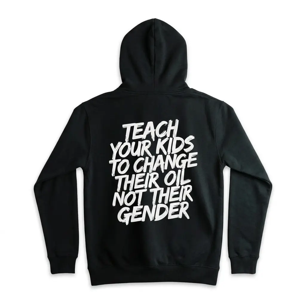 Teach Your Kids To Change Their Oil Not Their Gender T-Shirt 2 Cozy pullover hoodie displaying black tee back print reading TEACH YOUR KIDS TO CHANGE THEIR OIL NOT THEIR GENDER in white brush lettering