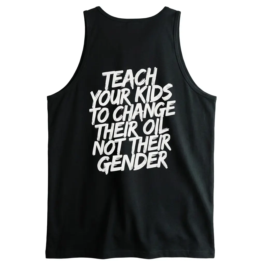 Teach Your Kids To Change Their Oil Not Their Gender T-Shirt 3 Sleeveless casual tank top with black tee back print reading TEACH YOUR KIDS TO CHANGE THEIR OIL NOT THEIR GENDER in white brush lettering