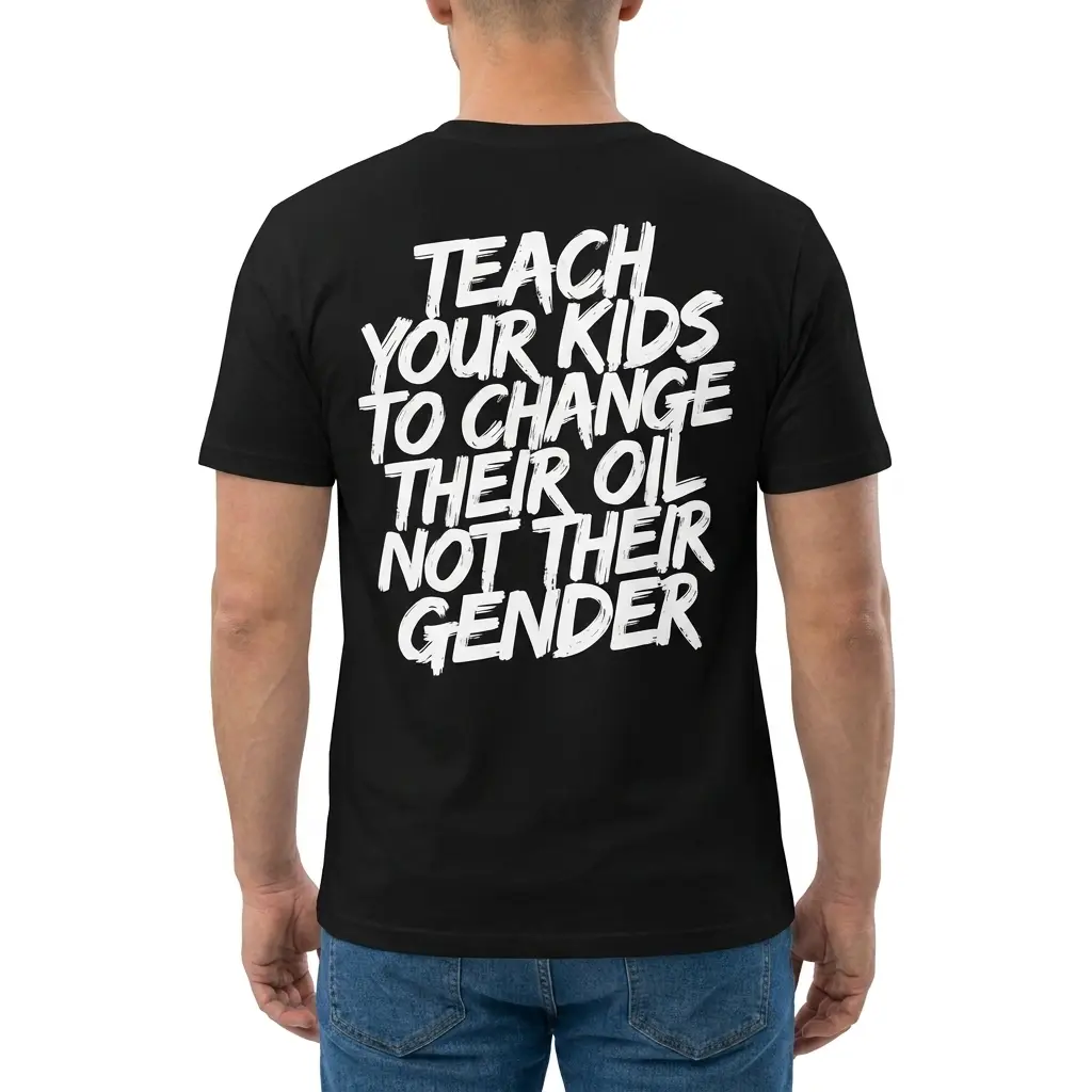 Teach Your Kids To Change Their Oil Not Their Gender T-Shirt 4 Man wearing black graphic tee with black tee back print reading TEACH YOUR KIDS TO CHANGE THEIR OIL NOT THEIR GENDER in white brush lettering