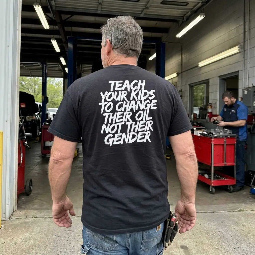 Teach Your Kids To Change Their Oil Not Their Gender T-Shirt 5 Everyday streetwear outfit styling black shirt with black tee back print reading TEACH YOUR KIDS TO CHANGE THEIR OIL NOT THEIR GENDER in white brush lettering