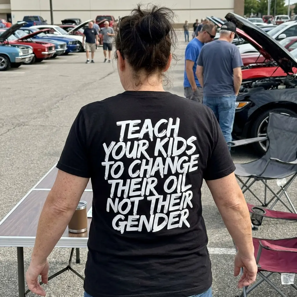 Teach Your Kids To Change Their Oil Not Their Gender T-Shirt 6 Close-up casual look showcasing black tee and black tee back print reading TEACH YOUR KIDS TO CHANGE THEIR OIL NOT THEIR GENDER in white brush lettering