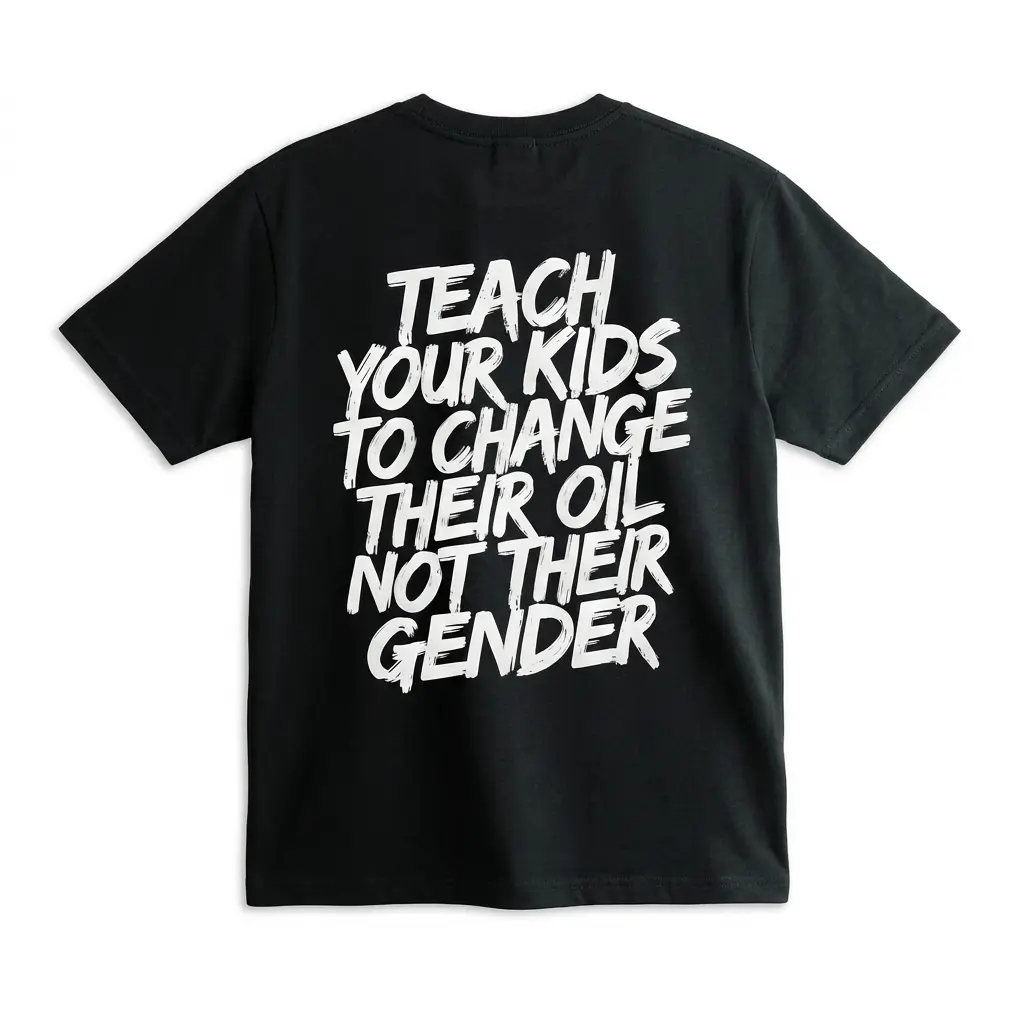 Teach Your Kids To Change Their Oil Not Their Gender T-Shirt 1 Flatlay black t-shirt featuring black tee back print reading TEACH YOUR KIDS TO CHANGE THEIR OIL NOT THEIR GENDER in white brush lettering