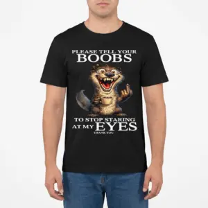 Tell Your Boobs Stop Staring Coffee Otter Funny T-Shirt 9 Front view of a male model wearing the black t-shirt featuring the manic coffee otter and funny text graphic.