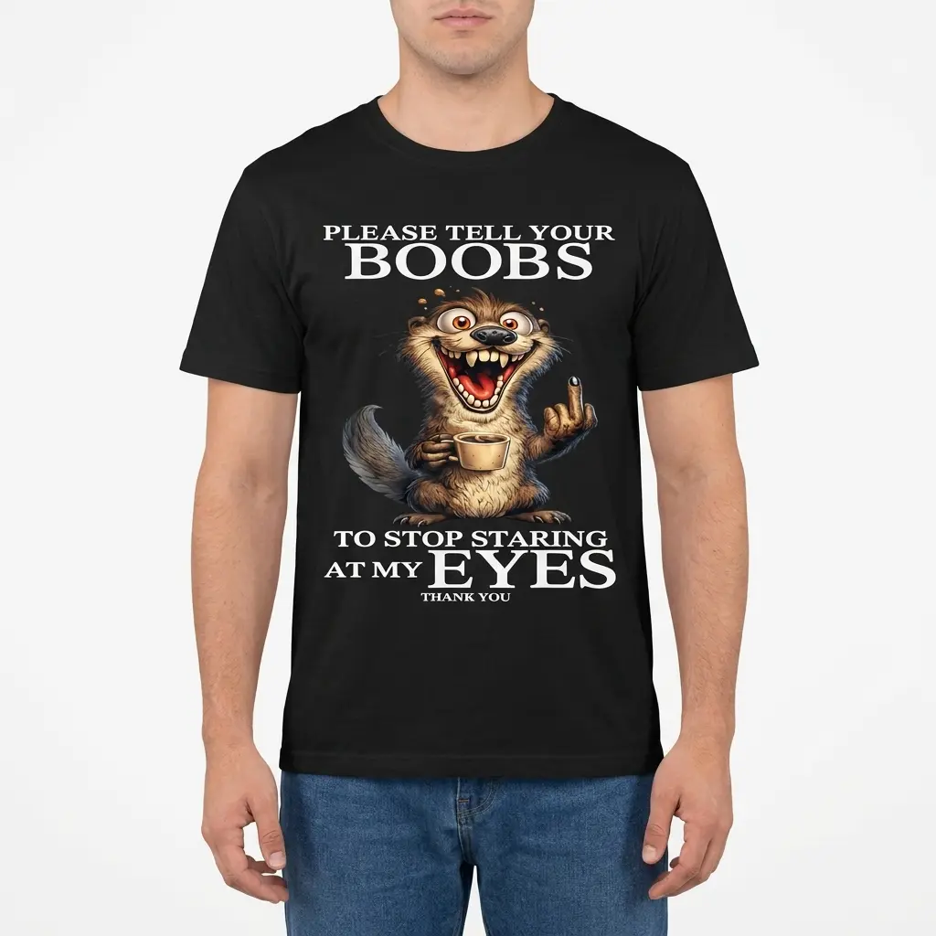 Tell Your Boobs Stop Staring Coffee Otter Funny T-Shirt 4 Front view of a male model wearing the black t-shirt featuring the manic coffee otter and funny text graphic.
