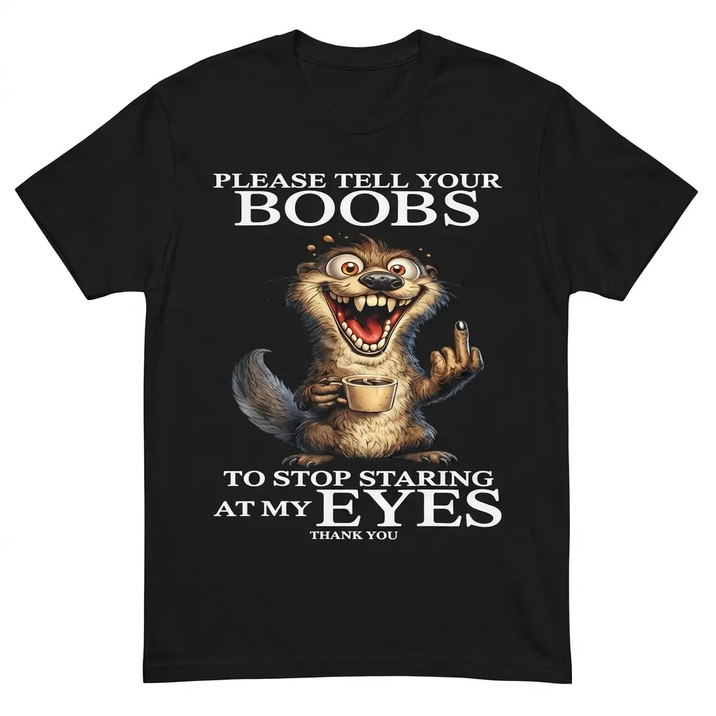 Tell Your Boobs Stop Staring Coffee Otter Funny T-Shirt 1 Flat lay front view of a black t-shirt featuring a wild-eyed coffee-drinking otter and funny text about boobs staring at eyes.