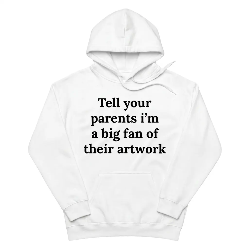 Tell Your Parents I'm A Big Fan Of Their Artwork T-Shirt 2 Cozy pullover hoodie displaying white tee front print reading Tell your parents im a big fan of their artwork in bold black serif text