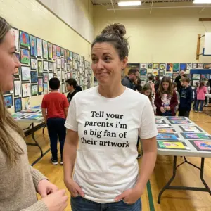 Tell Your Parents I'm A Big Fan Of Their Artwork T-Shirt 10 Everyday streetwear outfit styling white shirt with white tee front print reading Tell your parents im a big fan of their artwork in bold black serif text